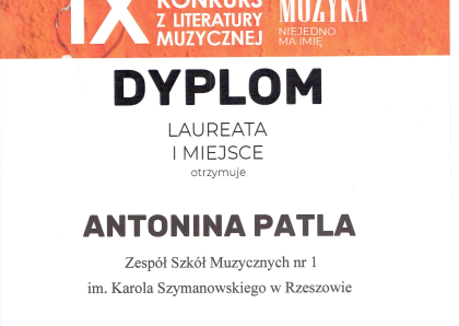 Sukces Antoniny Patli w IX Ogólnopolskim Konkursie z Literatury Muzycznej w Krakowie - 16 marca 2024 r.