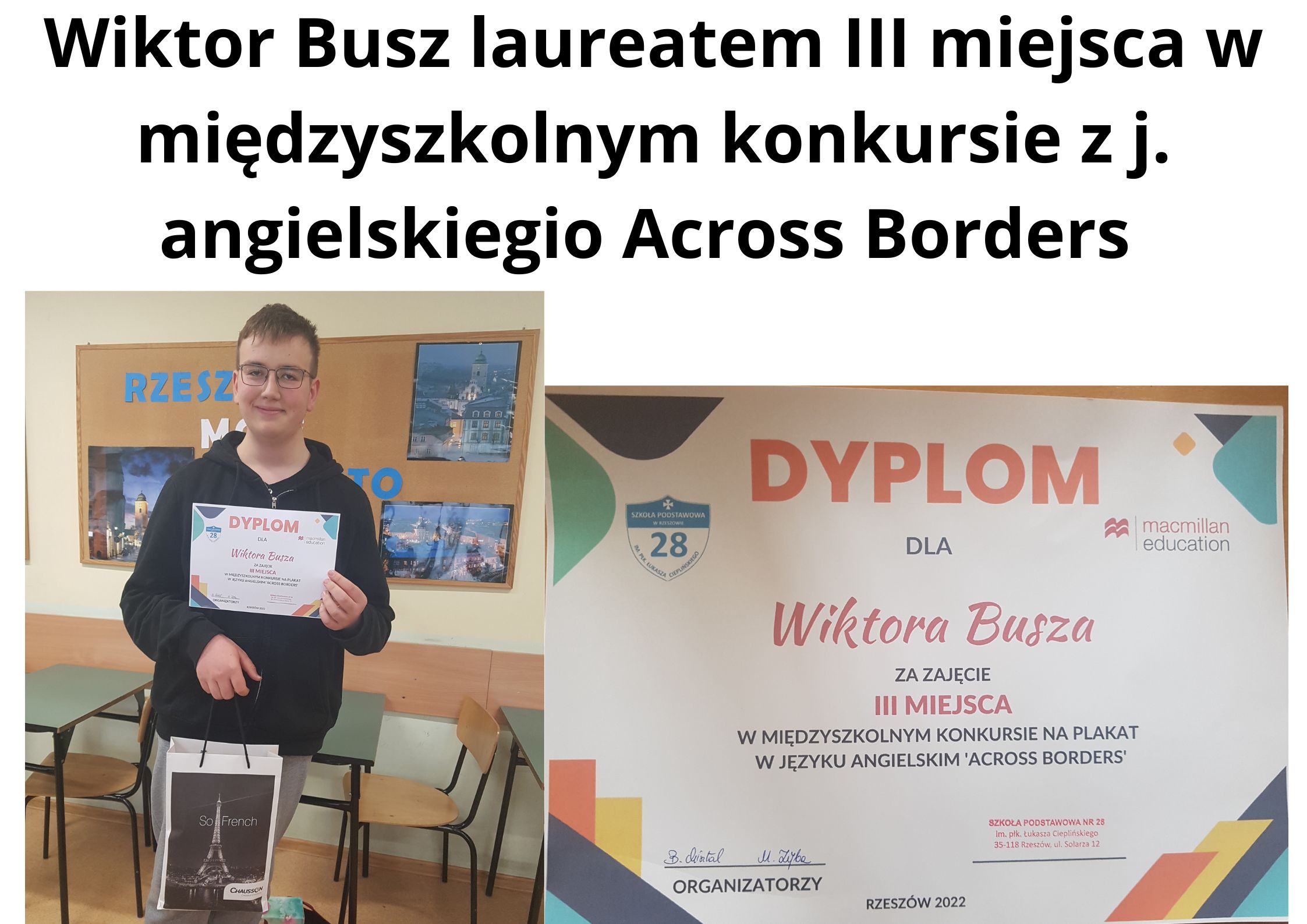 Wiktor Busz laureatem III miejsca w międzyszkolnym konkursie z j. angielskiegio Across Borders